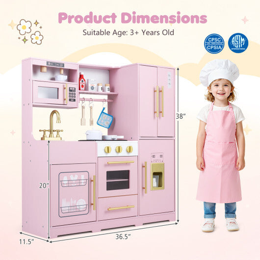 Wooden Play Kitchen with Lights & Sounds and Sink Stove Oven for Kids Ages 3+-Pink W2B