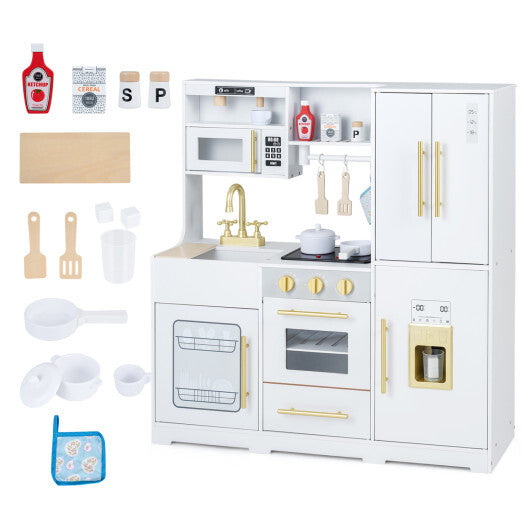 Wooden Play Kitchen with Lights & Sounds and Sink Stove Oven for Kids Ages 3+-Pink W2B