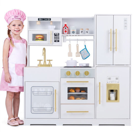 Wooden Play Kitchen with Lights & Sounds and Sink Stove Oven for Kids Ages 3+-Pink W2B
