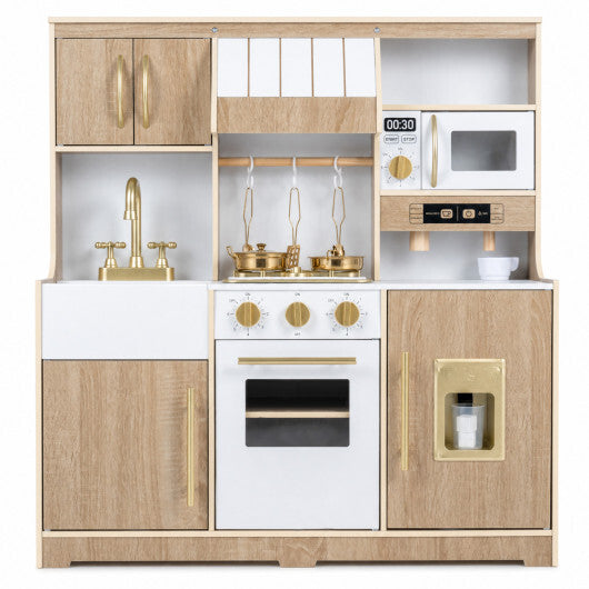 Wooden Play Kitchen with Lights & Sounds and Ice Maker Stove Sink for Toddlers-Natural W2B