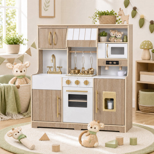 Wooden Play Kitchen with Lights & Sounds and Ice Maker Stove Sink for Toddlers-Natural W2B