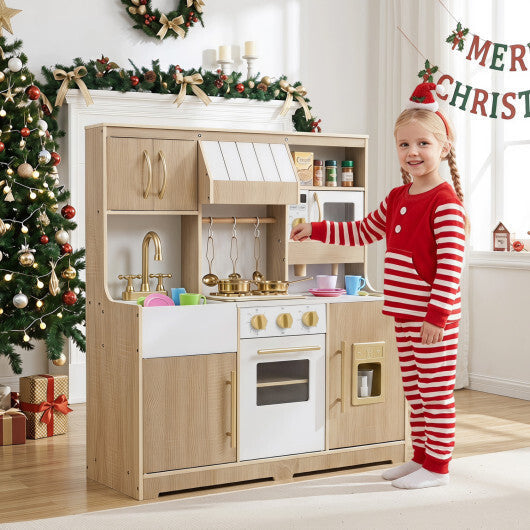 Wooden Play Kitchen with Lights & Sounds and Ice Maker Stove Sink for Toddlers-Natural W2B
