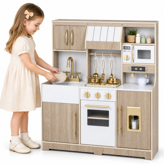 Wooden Play Kitchen with Lights & Sounds and Ice Maker Stove Sink for Toddlers-Natural W2B