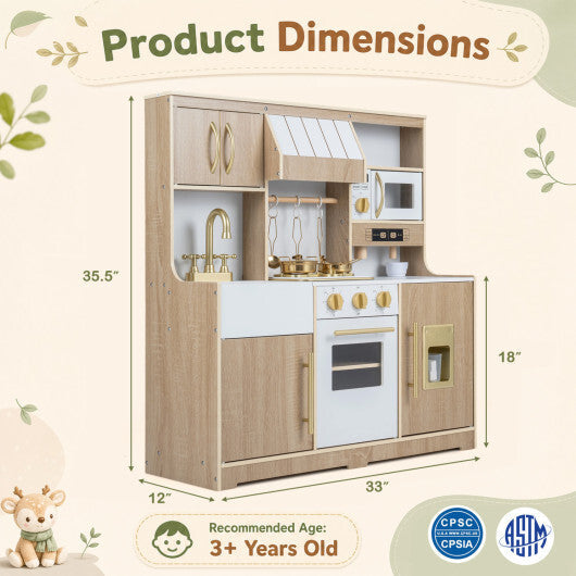 Wooden Play Kitchen with Lights & Sounds and Ice Maker Stove Sink for Toddlers-Natural W2B