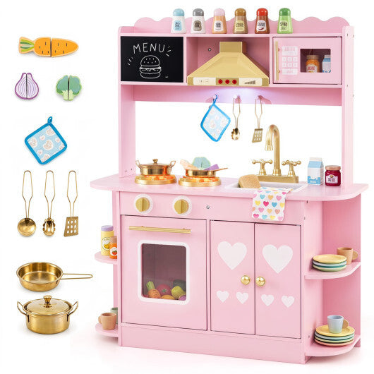 Wooden Play Kitchen with Lights & Sounds and Stove Oven for Toddlers Ages 3+-Pink W2B