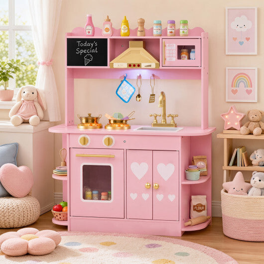 Wooden Play Kitchen with Lights & Sounds and Stove Oven for Toddlers Ages 3+-Pink W2B