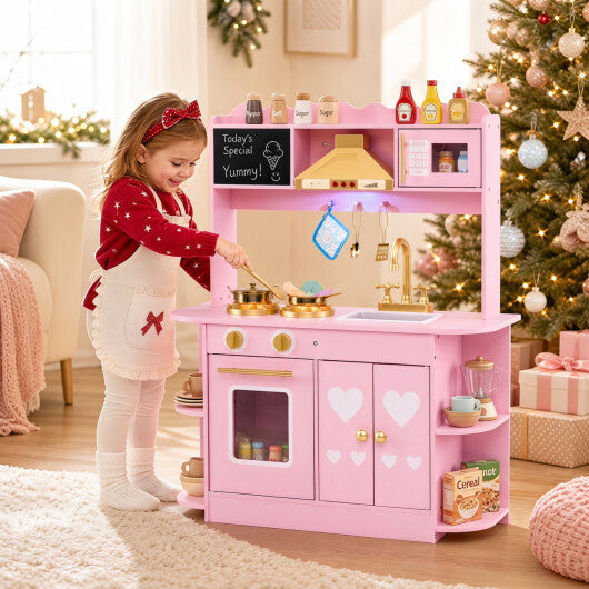 Wooden Play Kitchen with Lights & Sounds and Stove Oven for Toddlers Ages 3+-Pink W2B
