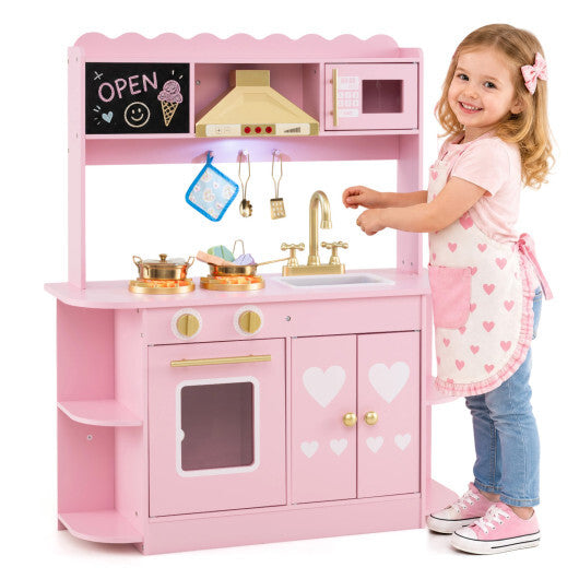 Wooden Play Kitchen with Lights & Sounds and Stove Oven for Toddlers Ages 3+-Pink W2B