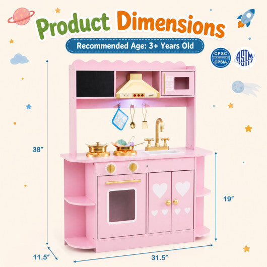 Wooden Play Kitchen with Lights & Sounds and Stove Oven for Toddlers Ages 3+-Pink W2B