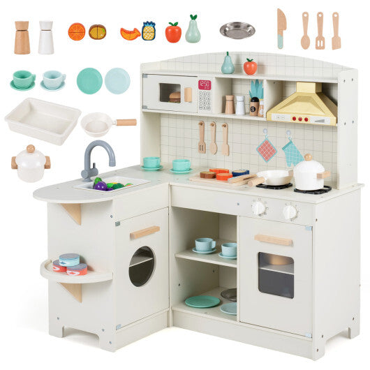 Wooden Play Kitchen with Lights & Sounds and Stove Microwave Sink for Ages 3+-White W2B