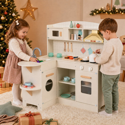 Wooden Play Kitchen with Lights & Sounds and Stove Microwave Sink for Ages 3+-White W2B