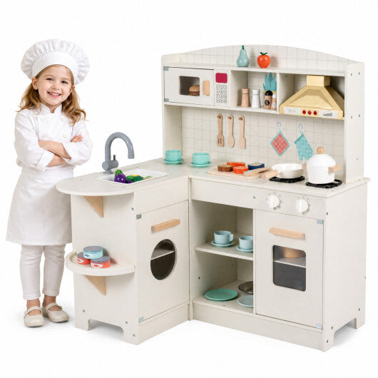 Wooden Play Kitchen with Lights & Sounds and Stove Microwave Sink for Ages 3+-White W2B