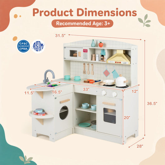 Wooden Play Kitchen with Lights & Sounds and Stove Microwave Sink for Ages 3+-White W2B