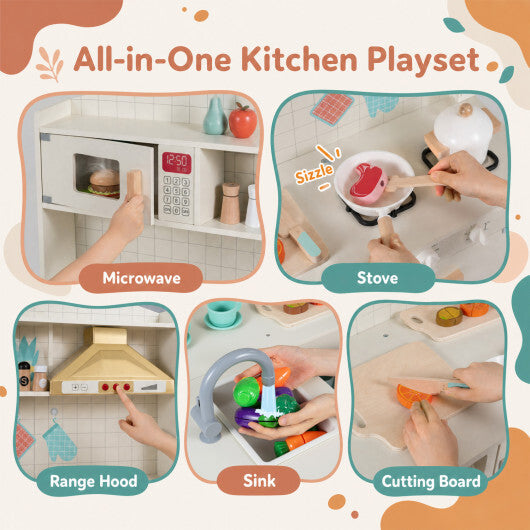 Wooden Play Kitchen with Lights & Sounds and Stove Microwave Sink for Ages 3+-White W2B