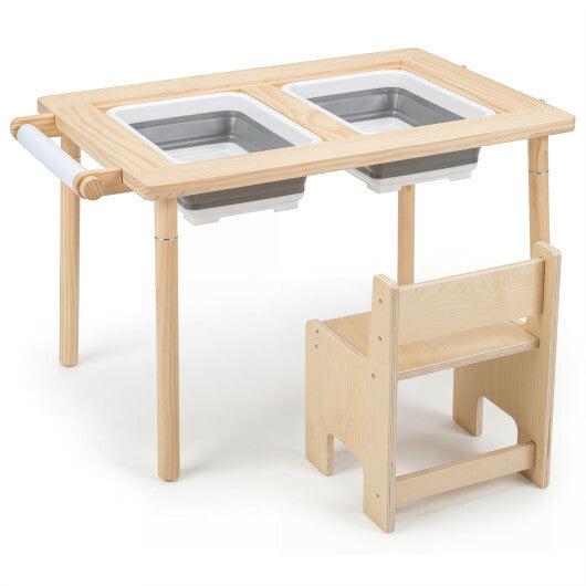Kids Sensory Table Set with Adjustable Height and 2 Storage Bins-Natural W2B
