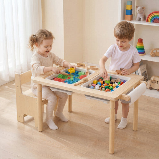 Kids Sensory Table Set with Adjustable Height and 2 Storage Bins-Natural W2B