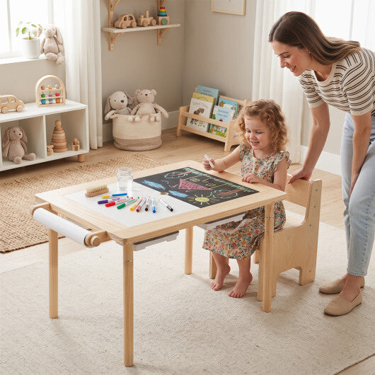 Kids Sensory Table Set with Adjustable Height and 2 Storage Bins-Natural W2B