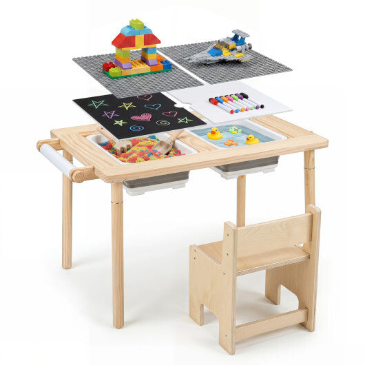 Kids Sensory Table Set with Adjustable Height and 2 Storage Bins-Natural W2B