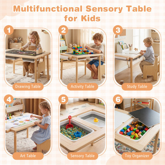 Kids Sensory Table Set with Adjustable Height and 2 Storage Bins-Natural W2B