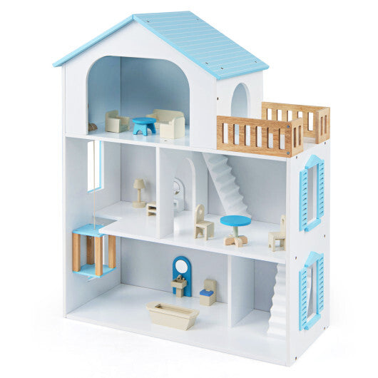 Wooden Dollhouse with 5 Rooms and Furniture Accessories for Kids-Blue W2B
