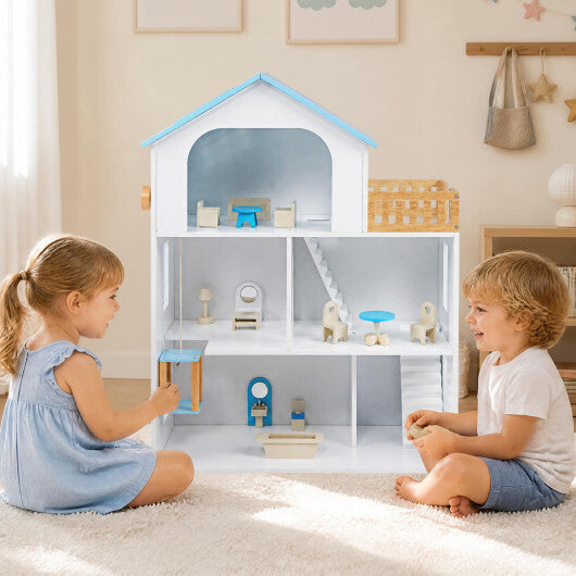 Wooden Dollhouse with 5 Rooms and Furniture Accessories for Kids-Blue W2B
