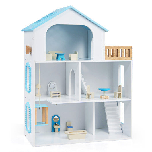 Wooden Dollhouse with 5 Rooms and Furniture Accessories for Kids-Blue W2B