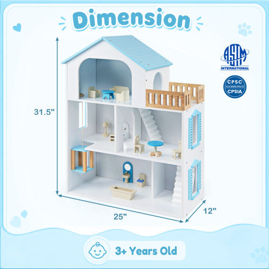 Wooden Dollhouse with 5 Rooms and Furniture Accessories for Kids-Blue W2B