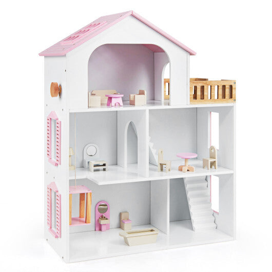 Wooden Dollhouse with 5 Rooms and Furniture Accessories for Kids-Blue W2B