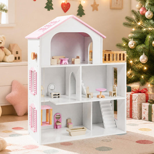 Wooden Dollhouse with 5 Rooms and Furniture Accessories for Kids-Blue W2B
