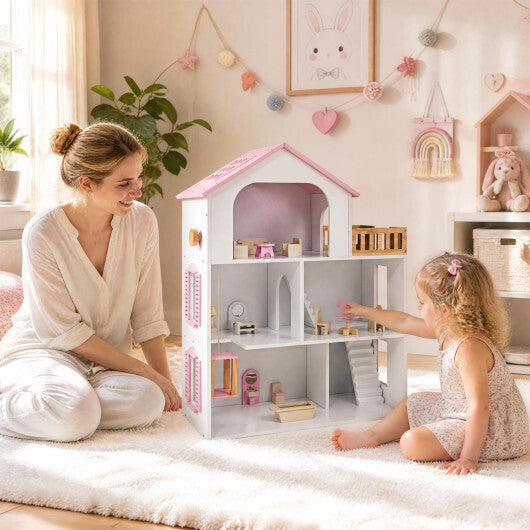 Wooden Dollhouse with 5 Rooms and Furniture Accessories for Kids-Blue W2B