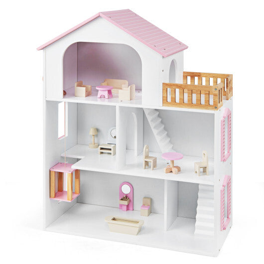 Wooden Dollhouse with 5 Rooms and Furniture Accessories for Kids-Blue W2B