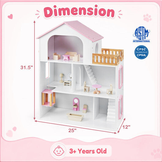 Wooden Dollhouse with 5 Rooms and Furniture Accessories for Kids-Blue W2B