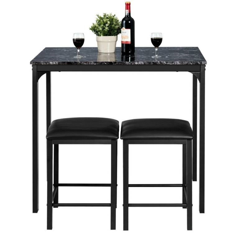 Modern 3-Piece Dining Set Black Faux Marble Table-Top and 2 Black Chairs Stools