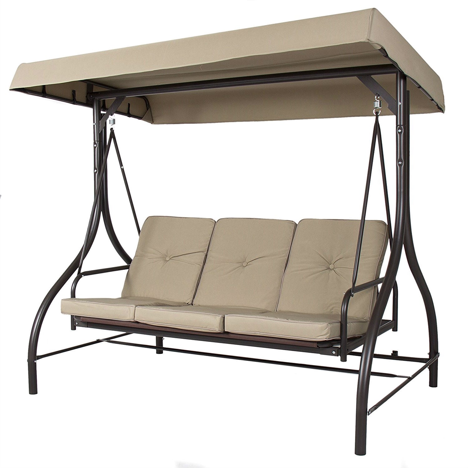 Tan 3-Seat Outdoor Porch Deck Patio Canopy Swing with Cushions FastFurnishings