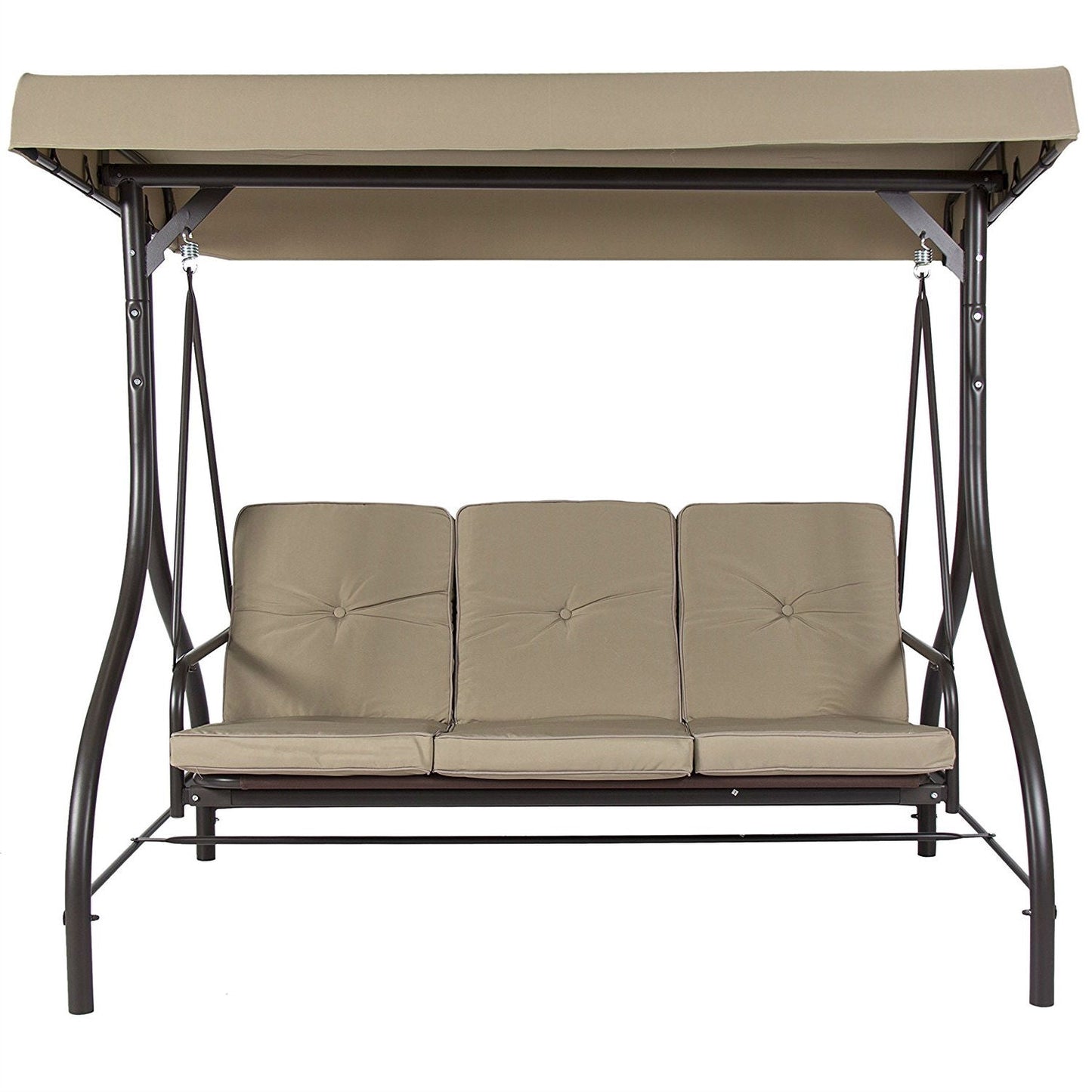 Tan 3-Seat Outdoor Porch Deck Patio Canopy Swing with Cushions FastFurnishings