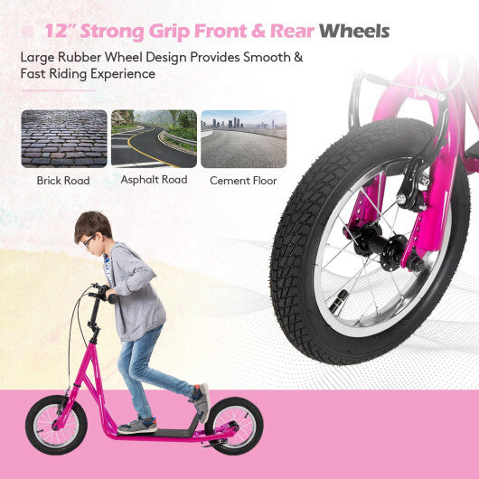 Height Adjustable Kid Kick Scooter with 12 Inch Air Filled Wheel-Pink W2B
