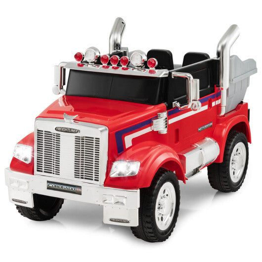 12V Licensed Freightliner Kids Ride On Truck Car with Dump Box and Lights-Red