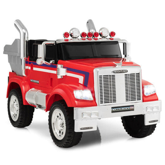 12V Licensed Freightliner Kids Ride On Truck Car with Dump Box and Lights-Red