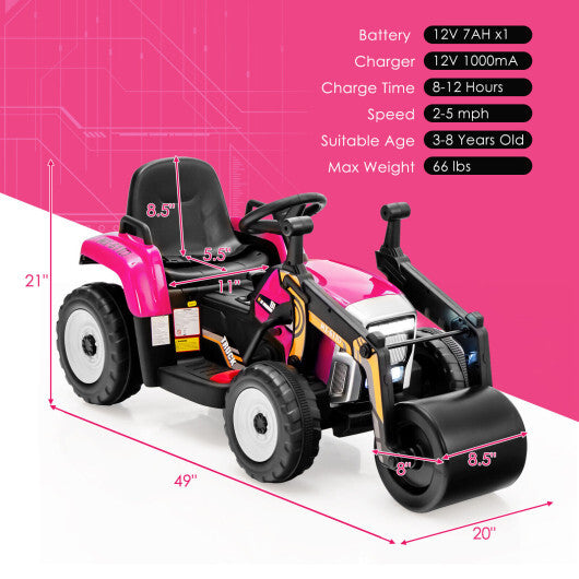 12V Kids Ride on Road Roller with 2.4G Remote Control-Pink - Color: Pink W2B