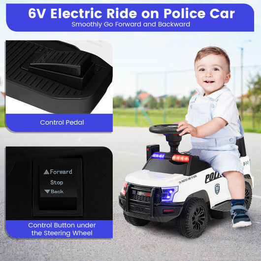 6V Kids Ride On Police Car with Real Megaphone and Siren Flashing Lights-Black W2B