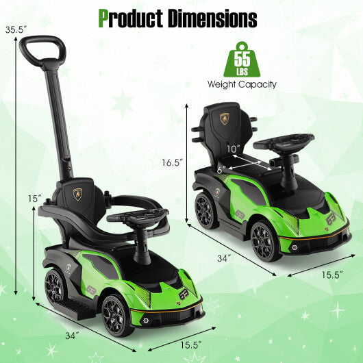 3-in-1 Licensed Lamborghini Ride on Push Car with Handle Guardrail-Green W2B