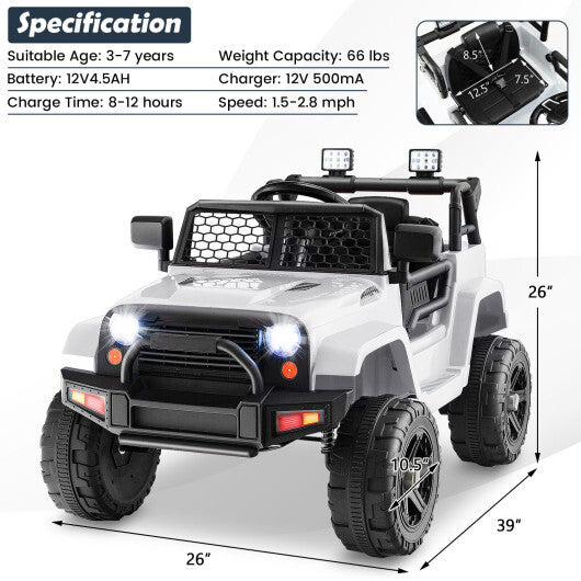 12V Kids Ride On Truck with Remote Control and Headlights-White - Color: White W2B