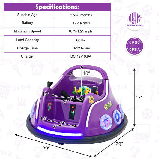 12V Electric Ride On Car with Remote Control and Flashing LED Lights-Purple