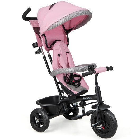 4-in-1 Baby Trike Kids Tricycle with Removable Canopy and Adjustable Push Handle-Pink W2B