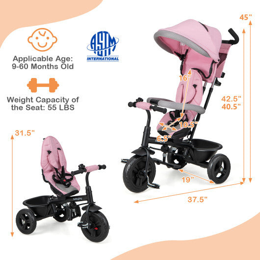4-in-1 Baby Trike Kids Tricycle with Removable Canopy and Adjustable Push Handle-Pink W2B