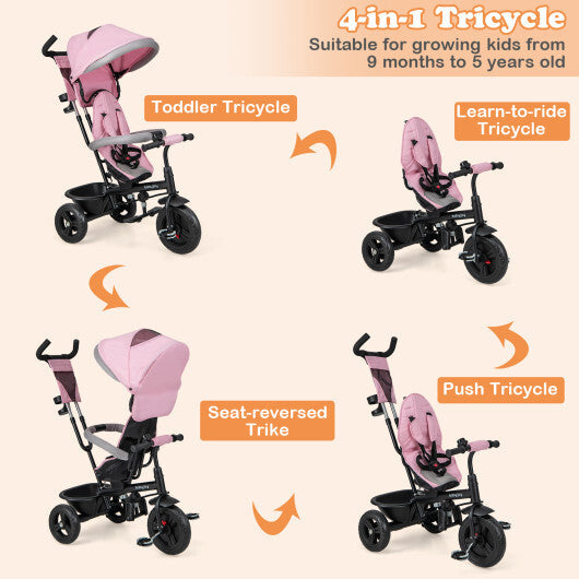 4-in-1 Baby Trike Kids Tricycle with Removable Canopy and Adjustable Push Handle-Pink W2B