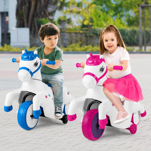 12V Unicorn Ride on Toy with Training Wheels and Horse Riding Mode-Navy W2B