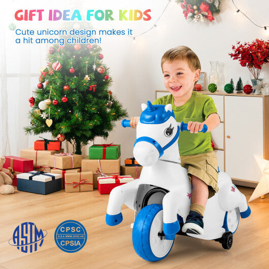 12V Unicorn Ride on Toy with Training Wheels and Horse Riding Mode-Navy W2B