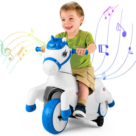 12V Unicorn Ride on Toy with Training Wheels and Horse Riding Mode-Navy W2B