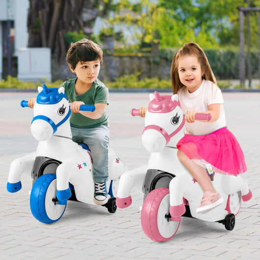 12V Unicorn Ride on Toy with Training Wheels and Horse Riding Mode-Navy W2B